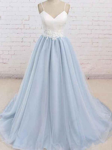 Pockets Prom Dress 2021 Ivory Satin Blue Tulle Maxi Evening Dress with Floral Appliques
