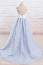 Load image into Gallery viewer, Pockets Prom Dress 2021 Ivory Satin Blue Tulle Maxi Evening Dress with Floral Appliques