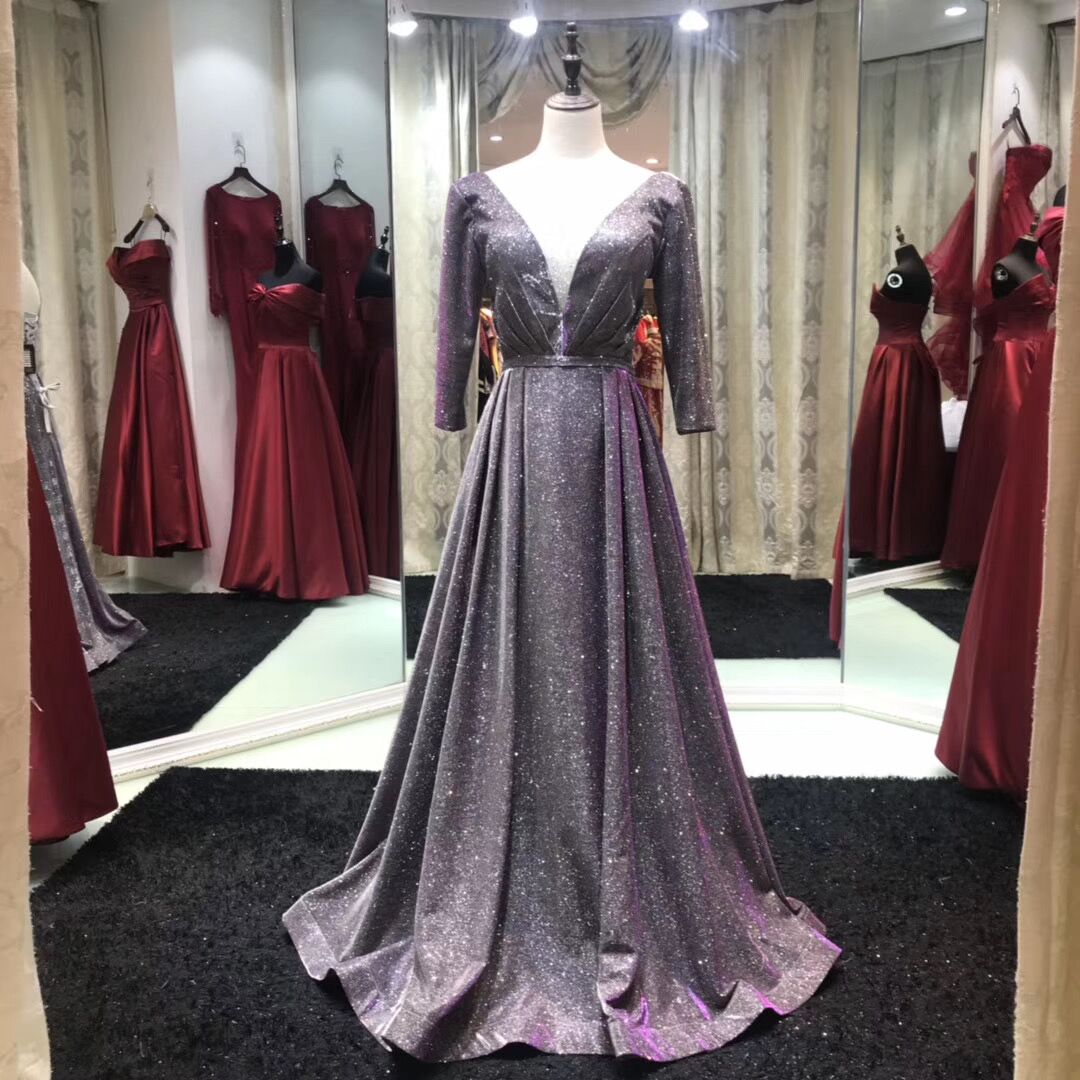 Silver/Fuchsia Glitter Long Prom Dress 2020 with Long Sleeves AnnaCustomDress Silver/Fuchsia Glitter Long Prom Dress 2020 with Long Sleeves AnnaCustomDress