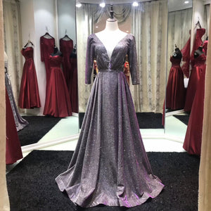 Silver/Fuchsia Glitter Long Prom Dress 2020 with Long Sleeves