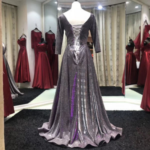 Silver/Fuchsia Glitter Long Prom Dress 2020 with Long Sleeves