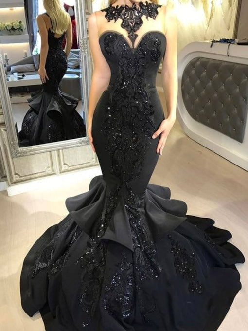 open lace back dress Illusion Top Black Lace Satin Long Prom Dress 2021 Halloween Dress Mermaid Same As Sample / 16 open lace back dress Illusion Top Black Lace Satin Long Prom Dress 2021 Halloween Dress Mermaid Same As Sample / 16