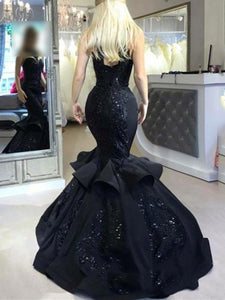 Illusion Top Black Lace Satin Long Prom Dress 2021 Halloween Dress Mermaid