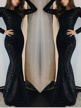 Load image into Gallery viewer, Mermaid Black Sequin Long Prom Dress 2021 Halloween Dress with Long Sleeves