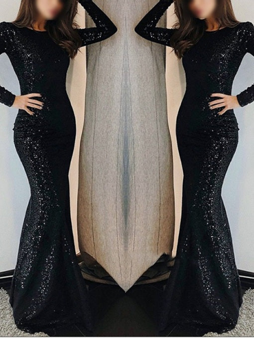 Mermaid Black Sequin Long Prom Dress 2021 Halloween Dress with Long Sl ...