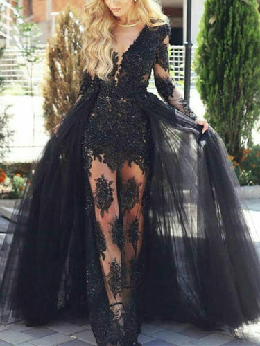 Deep V-neck Black Lace Long Prom Dress 2021 Halloween Dress with Long Sleeves & Tulle Cape