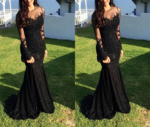 Illusion Top Black Lace Long Prom Dress 2021 Halloween Dress with Long Sleeves