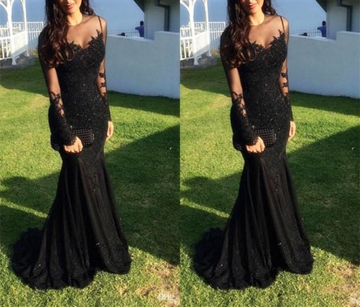 Illusion Top Black Lace Long Prom Dress 2021 Halloween Dress with Long AnnaCustomDress Illusion Top Black Lace Long Prom Dress 2021 Halloween Dress with Long AnnaCustomDress