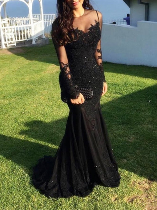 Illusion Top Black Lace Long Prom Dress 2021 Halloween Dress with Long – AnnaCustomDress