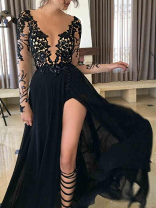 Deep V-neck Black Lace Chiffon Long Prom Dress 2021 Halloween Dress with Long Sleeves