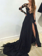 Load image into Gallery viewer, Illusion Scoop Black Lace Tulle Chiffon Long Prom Dress 2021 Halloween Dress with Long Sleeves
