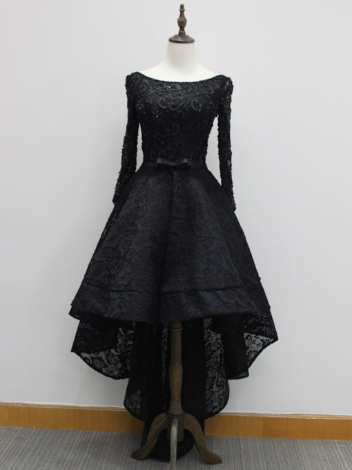 Beaded Black Lace High Low Prom Dress 2021 Halloween Dress with Long Sleeves Custom Color / 14 Beaded Black Lace High Low Prom Dress 2021 Halloween Dress with Long Sleeves Custom Color / 14