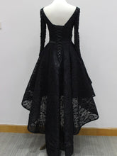 Load image into Gallery viewer, Beaded Black Lace High Low Prom Dress 2021 Halloween Dress with Long Sleeves