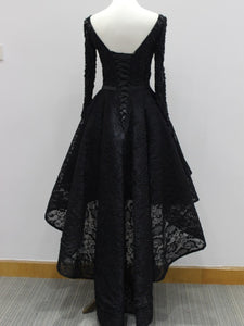 Beaded Black Lace High Low Prom Dress 2021 Halloween Dress with Long Sleeves