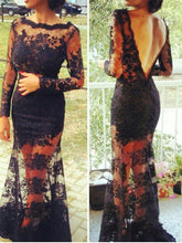 Load image into Gallery viewer, Sexy Black Lace Long Prom Dress 2021 Halloween Dress with Long Sleeves