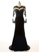 Load image into Gallery viewer, Backless Black Lace Chiffon Long Prom Dress 2021 Halloween Dress with Long Sleeves