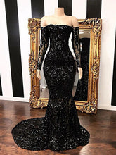 Load image into Gallery viewer, Mermaid Black Patterned Sequin Long Prom Dress 2021 Halloween Dress with Long Sleeves