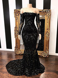 Mermaid Black Patterned Sequin Long Prom Dress 2021 Halloween Dress with Long Sleeves