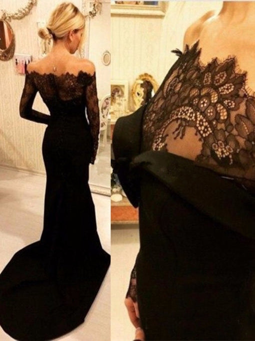 Black Lace Satin Long Prom Dress 2021 Halloween Dress with Long Sleeves