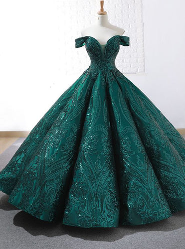 Ball Gown Prom Dress 2021 Dark Green Pattern Sequin Corset Back