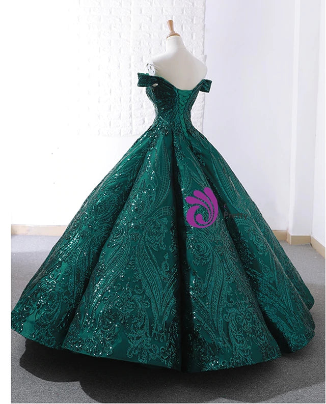 Ball Gown Prom Dress 2021 Dark Green Pattern Sequin Corset Back ...