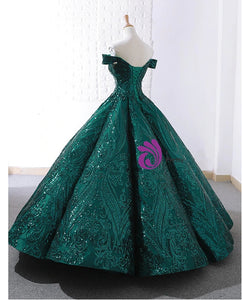 Ball Gown Prom Dress 2021 Dark Green Pattern Sequin Corset Back