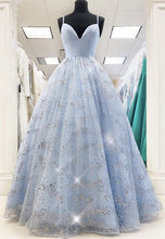 Load image into Gallery viewer, Long Prom Dress 2021 Light Sky Blue Satin Glitter Tulle Skirt