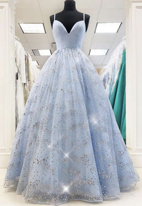 Long Prom Dress 2021 Light Sky Blue Satin Glitter Tulle Skirt