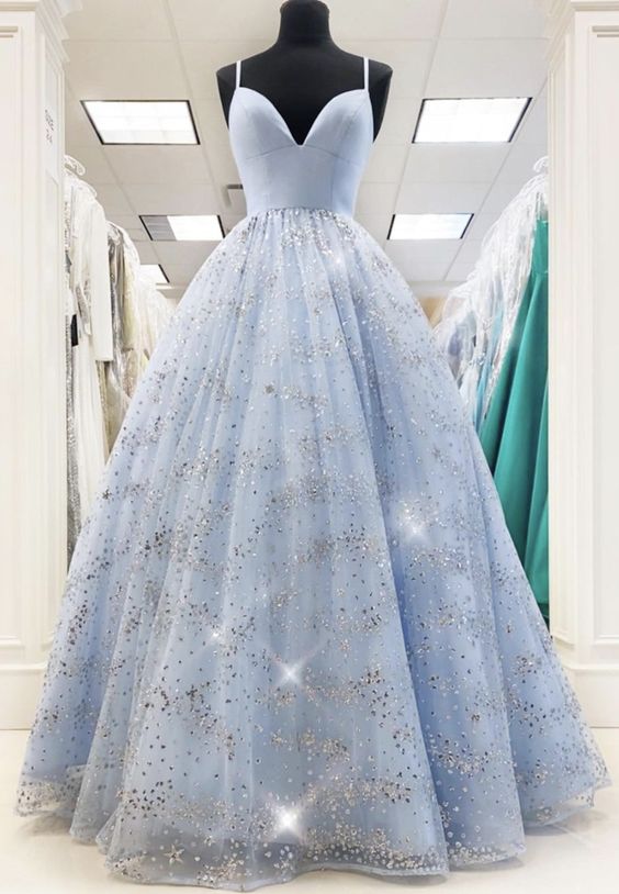 Long Prom Dress 2021 Light Sky Blue Satin Glitter Tulle Skirt Custom Color / 14 Long Prom Dress 2021 Light Sky Blue Satin Glitter Tulle Skirt Custom Color / 14