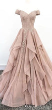 Load image into Gallery viewer, Long Prom Dress 2021 Off the Shoulder Lace Tulle Ruffle Horsehair Skirt