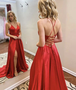 Red Prom Dress 2021 Taffeta Strappy Back with Slit