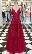 Load image into Gallery viewer, Tulle Prom Dress 2021 Burgundy Lace Appliques