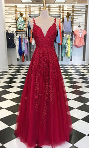Tulle Prom Dress 2021 Burgundy Lace Appliques
