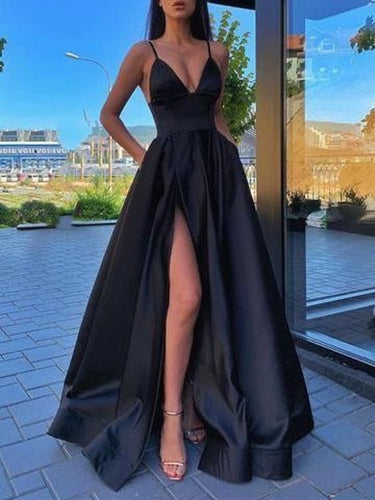 Prom Dress 2022 Black Satin Spaghetti Straps Evening Dress with Slit On Sale