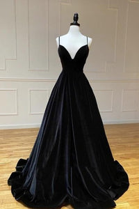 Trendy Prom Dress 2022 Black Long Spaghetti Strap Velvet