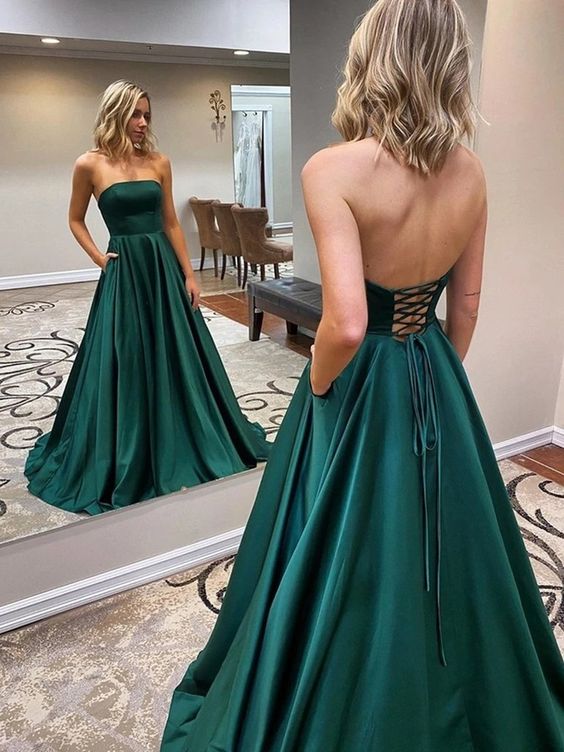 Green Prom Dress 2022 Strapless with Pockets Corset Back 16W / Custom Color Green Prom Dress 2022 Strapless with Pockets Corset Back 16W / Custom Color