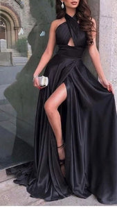 Prom Dress 2022 Black Satin Halter Backless with Slit