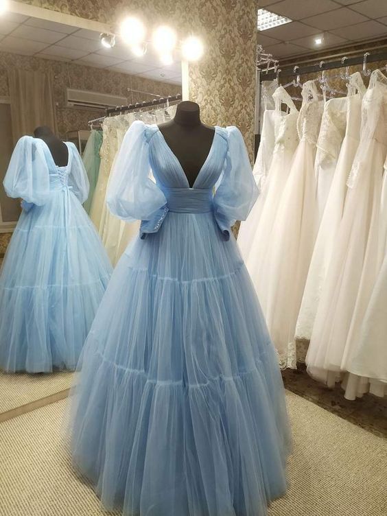 Blue Prom Dress 2022 Long Sleeves Fairy Prom Dresses Corset Back 24W / Custom Color Blue Prom Dress 2022 Long Sleeves Fairy Prom Dresses Corset Back 24W / Custom Color