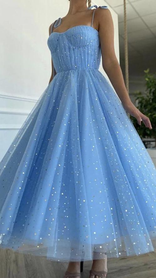 Blue Prom Dress 2022 Sparkly Stars Tulle Midi Dress