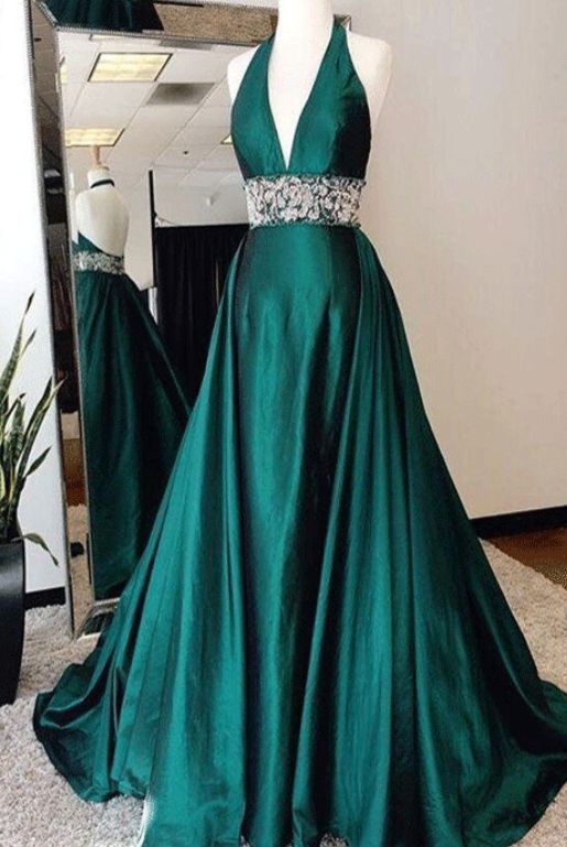 Green Prom Dress 2023 A-line Sexy Halter Neck Backless Satin with Pleats 6 / Custom Color