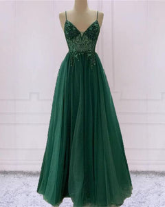 Green Prom Dress 2023 Elegant A-line Spaghetti Straps V Neck Tulle Beaded