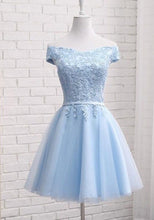 Load image into Gallery viewer, Blue Homecoming Dress 2021 A Line Off Shoulder Short / Mini Tulle Lace Party Dress Summer