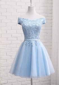 Blue Homecoming Dress 2021 A Line Off Shoulder Short / Mini Tulle Lace Party Dress Summer