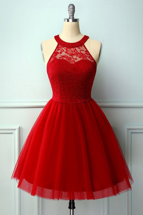 Red Homecoming Dress 2021 A Line Sleeveless Halter Neck Short / Mini Tulle Lace Vintage Summer