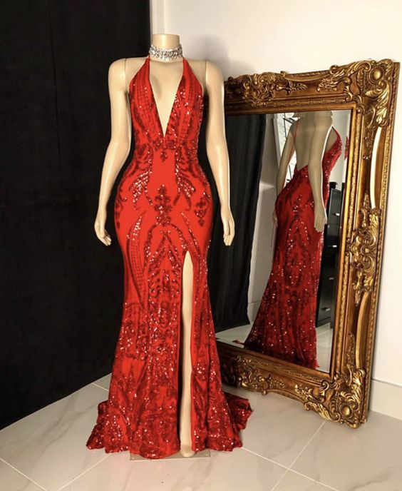 Burgundy Prom Dress 2023 Halter Neck Sequin with Slit – AnnaCustomDress