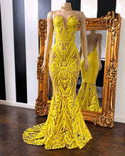 Load image into Gallery viewer, Yellow Prom Dress 2023 Sequin Spaghetti Straps Corset Back