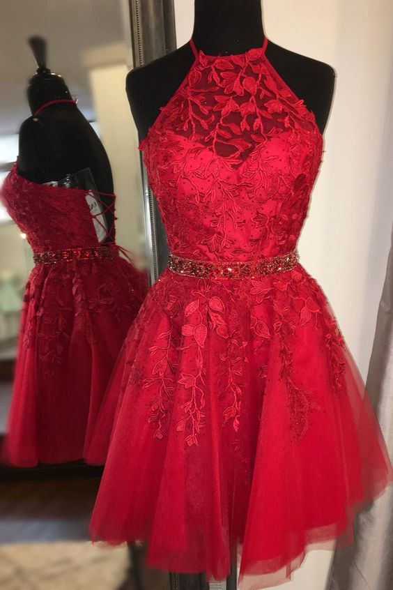 Red Homecoming Dress 2021 A Line Halter Neck Short Tulle Lace Party Dress