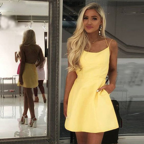 Yellow Homecoming Dress 2021 A Line Sleeveless Short / Mini Satin Lace Up Summer