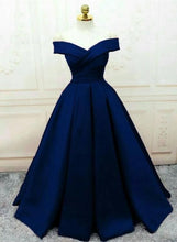 Load image into Gallery viewer, Blue Prom Dress 2022 Off the Shoulder Ball Gown Satin Prom Dresses