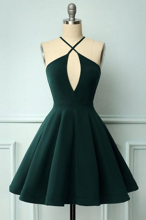 Green Homecoming Dress 2021 A Line Sleeveless Halter Stain Simple Sexy Party Dress
